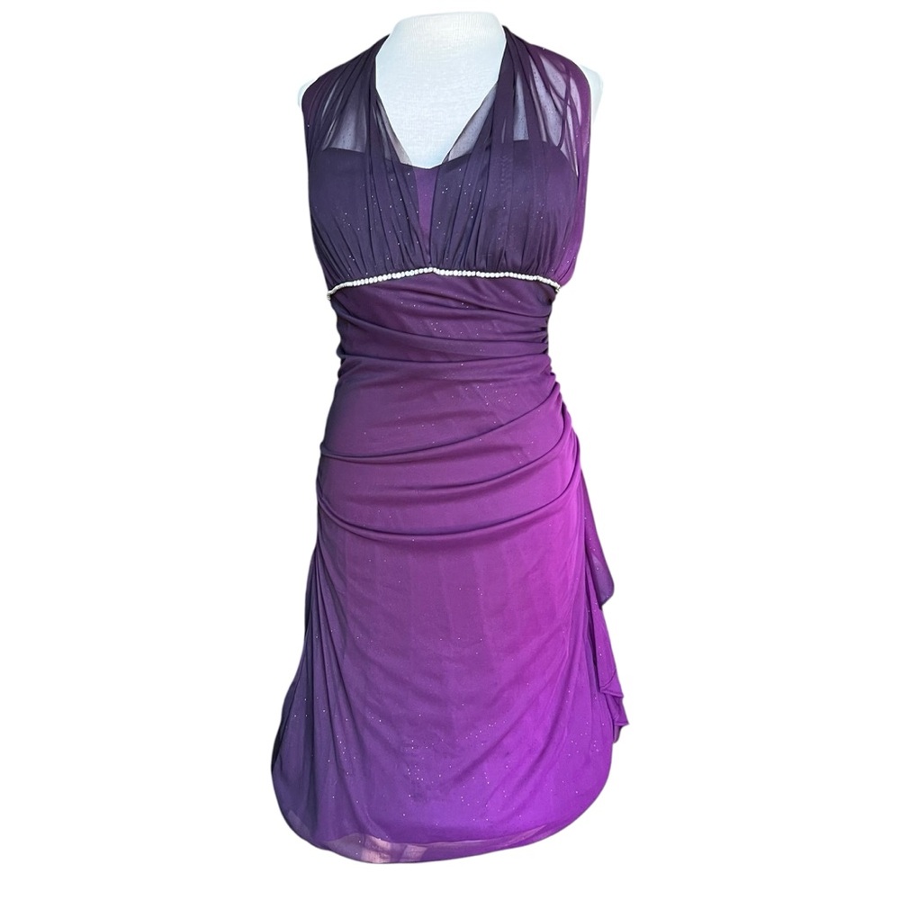 VINTAGE Y2K Women’s Purple Glitter Chiffon Ruched Cocktail Dress Sz 12